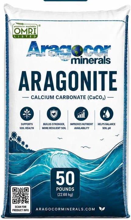 AragoCor Minerals 50 pound bag of aragonite calcium carbonate, front of bag